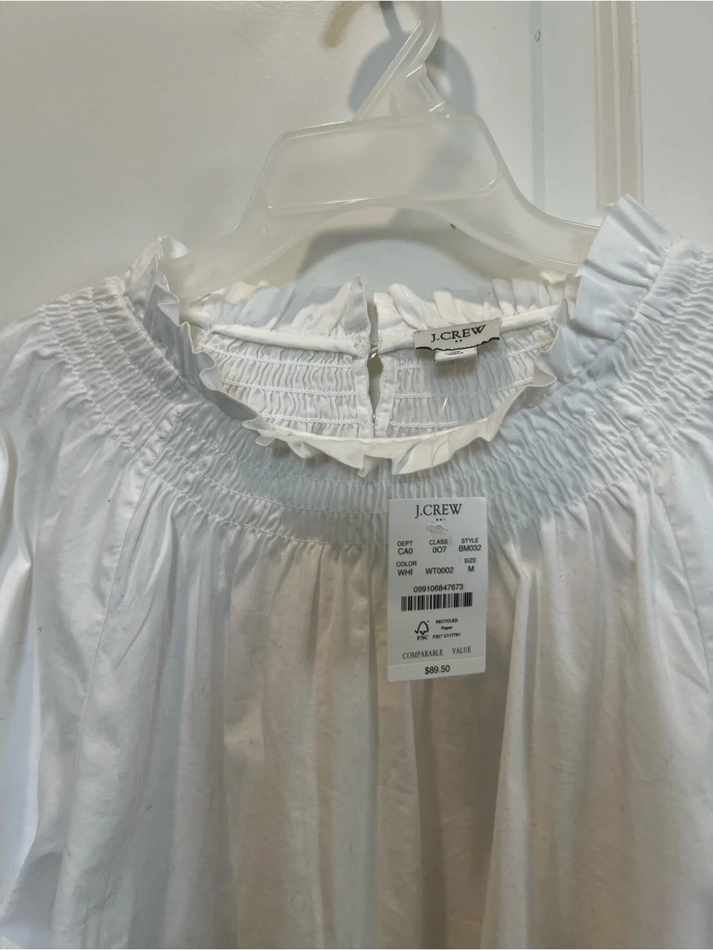 NWT J. Crew White Smocked-Neck Long Bubble Sleeve Top
